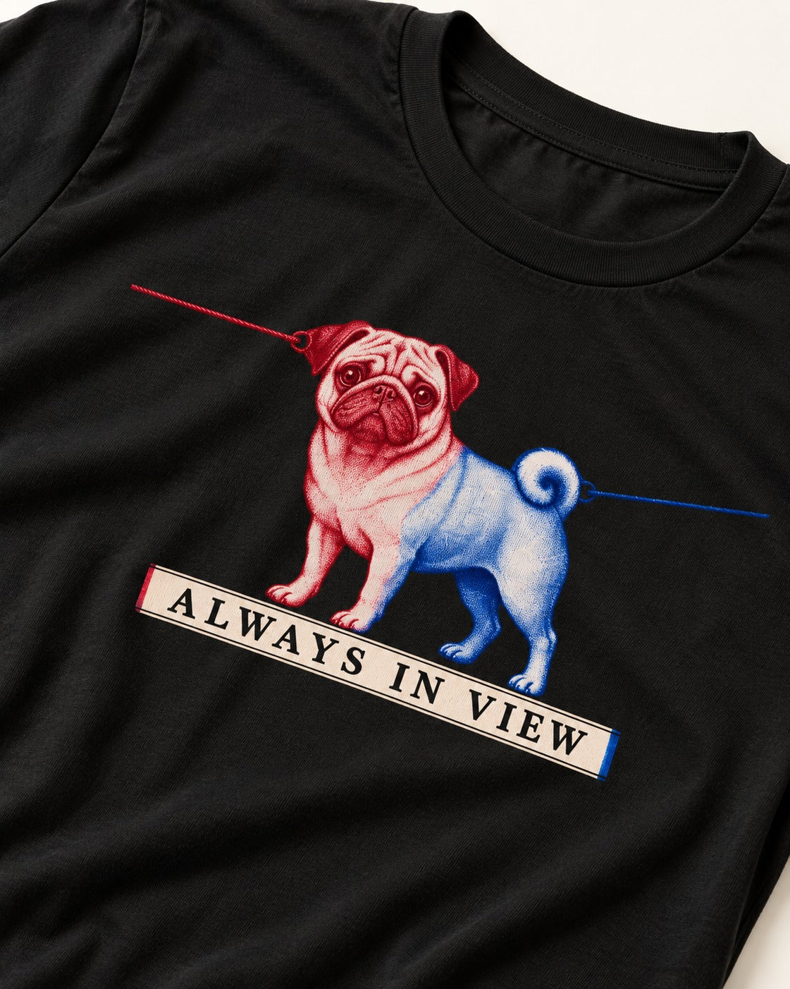 Pug Always in View Split Leash Graphic T-Shirt in Black, close-up of the graphic