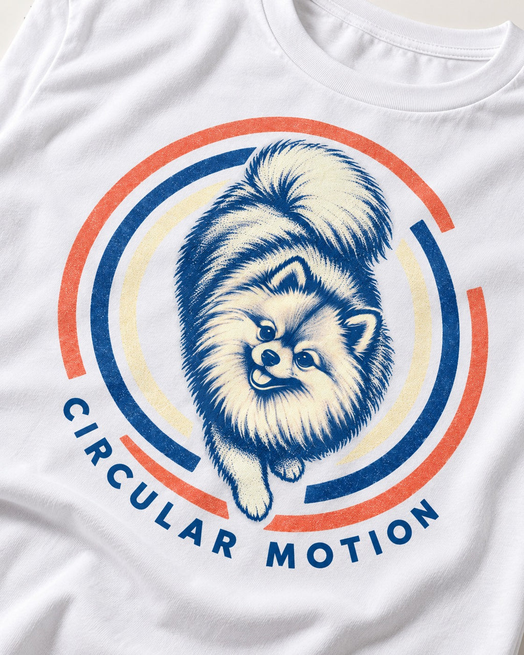 Pomeranian Circular Motion T-Shirt in White, close-up of the graphic