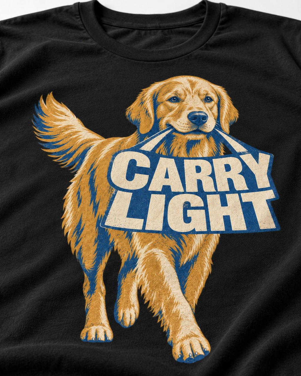 Golden Retriever Carry Light Sign Graphic T-Shirt in Black, close-up of the graphic