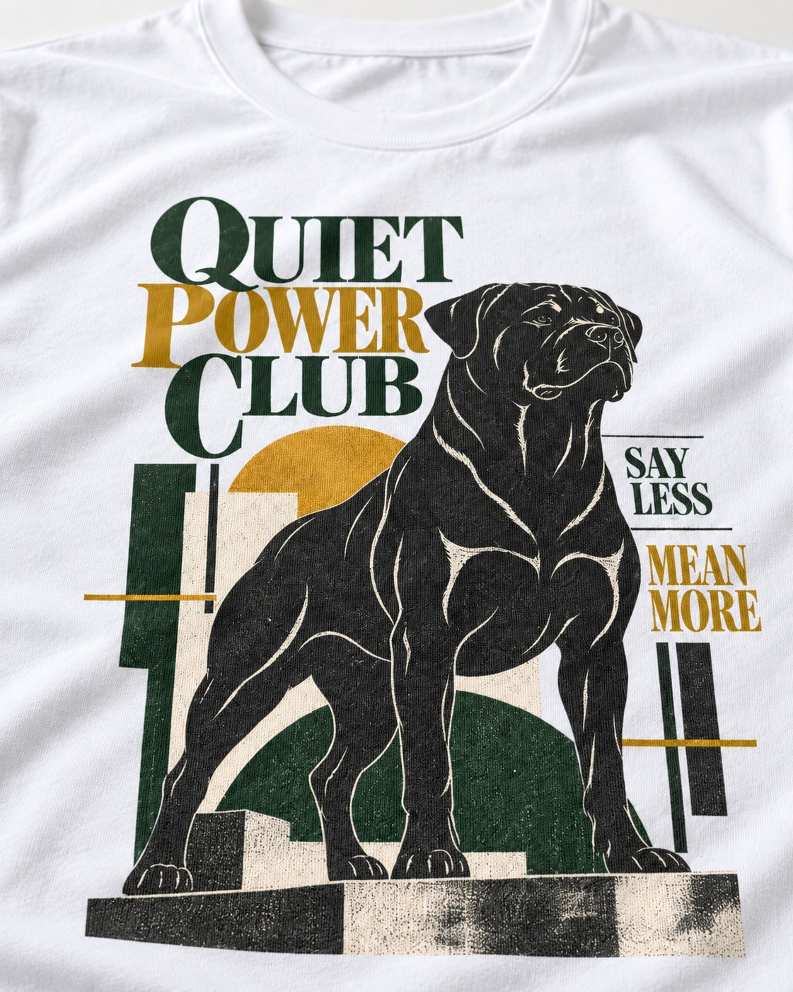 Rottweiler Quiet Power Club T-Shirt in White, close-up of the graphic