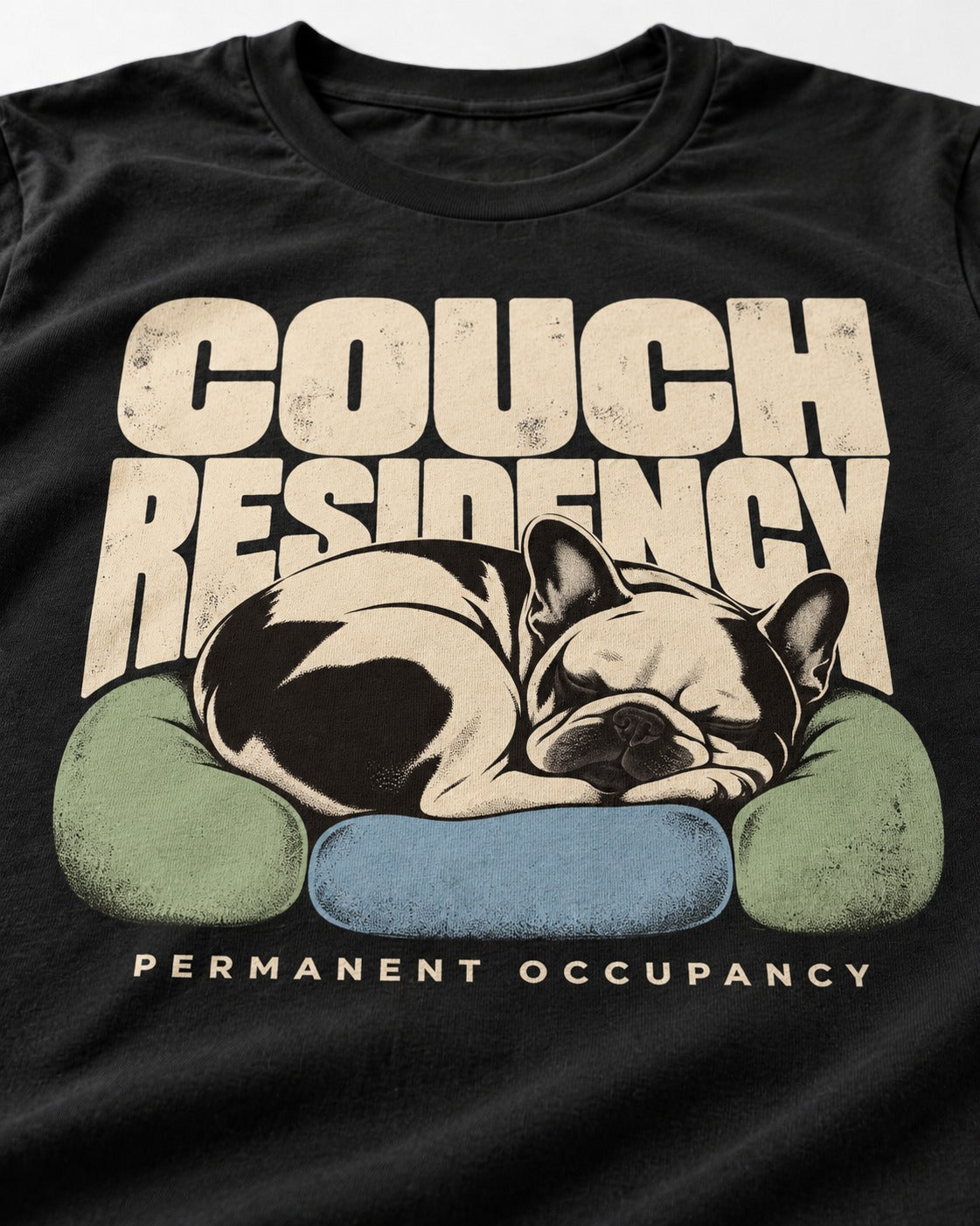 Frenchie Couch Residency Permanent Occupancy Cushion Graphic T-Shirt in Black, close-up of the graphic