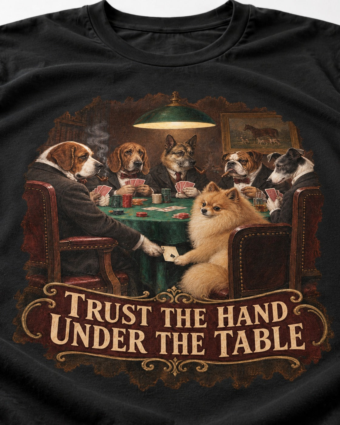 Pomeranian Trust the Hand Under the Table Poker Dogs Graphic T-Shirt in Black, close-up of the graphic