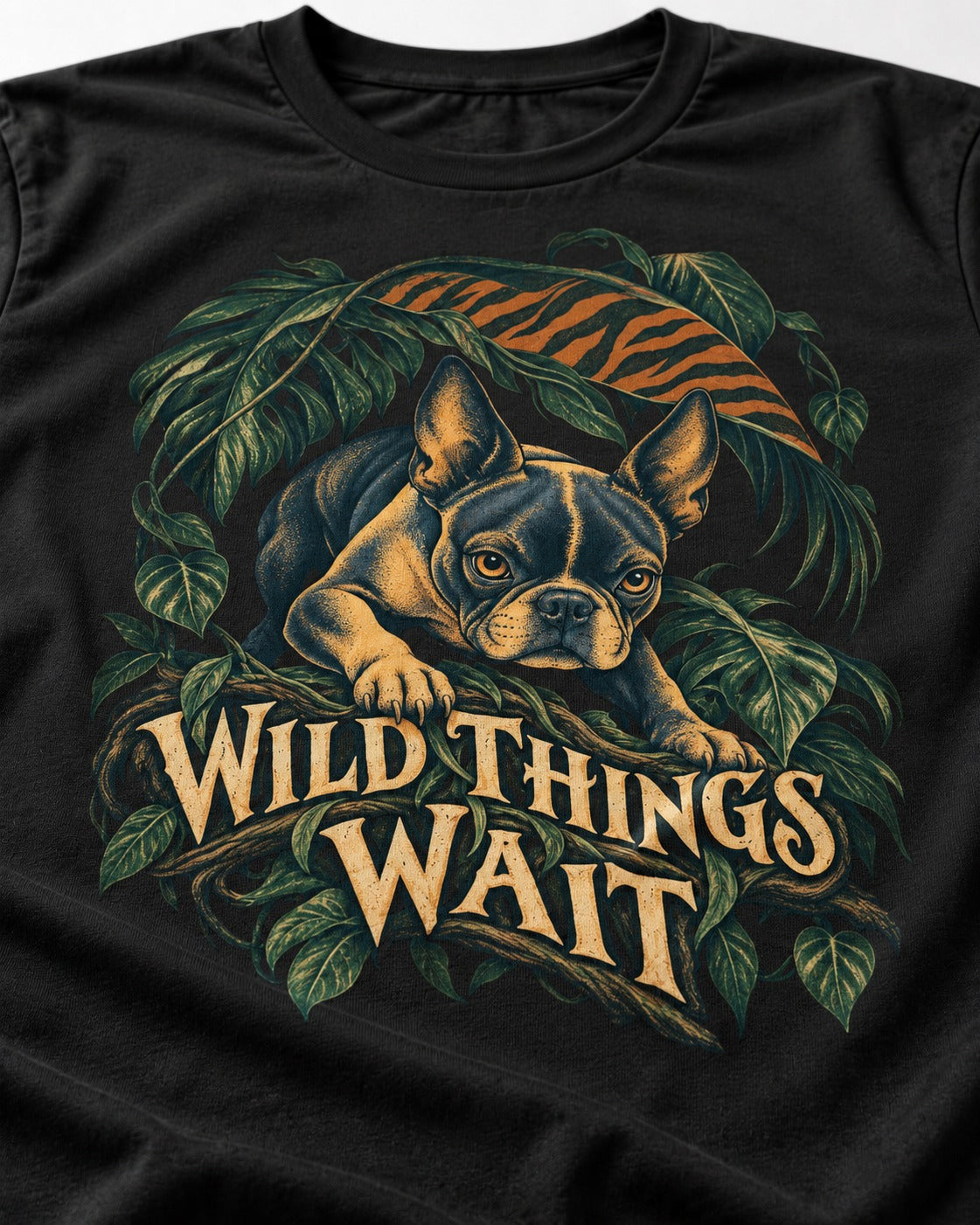 Boston Terrier Wild Things Wait T-Shirt in Black, close-up of the graphic