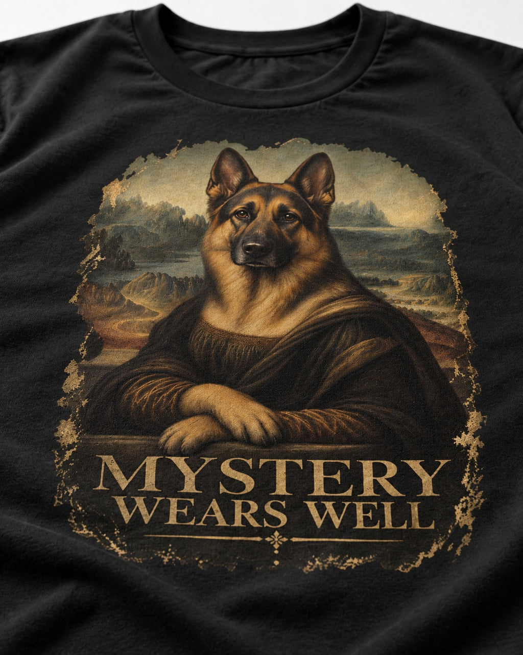 German Shepherd Dog Mystery Wears Well Renaissance Portrait T-Shirt in Black, close-up of the graphic
