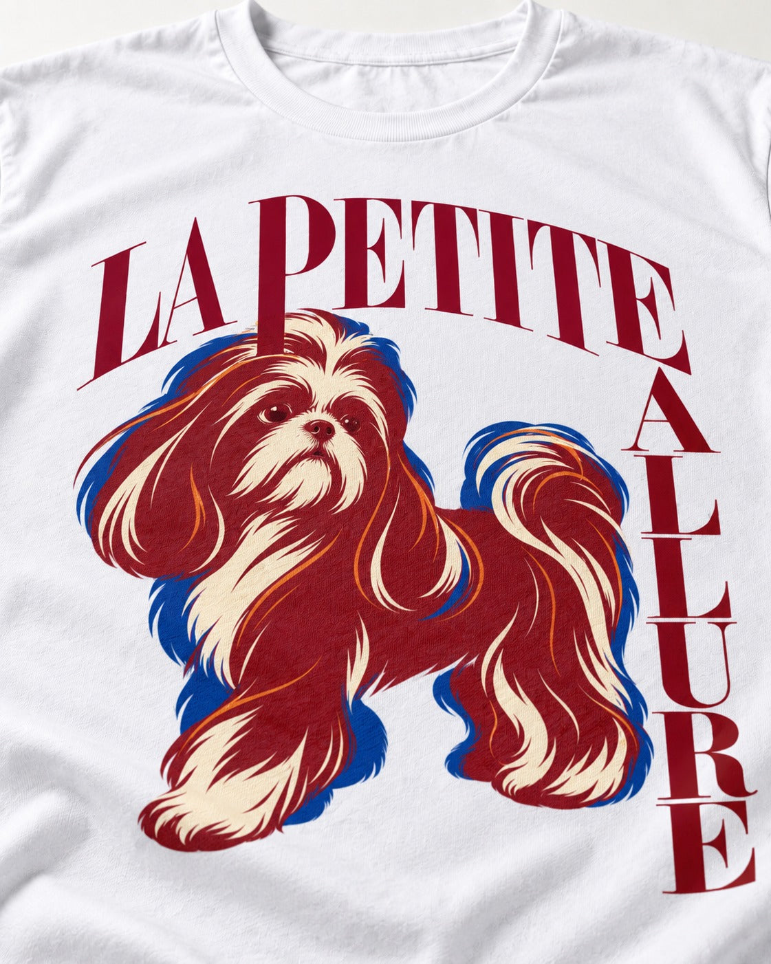 La Petite Allure Shih Tzu T-Shirt in White, close-up of the graphic