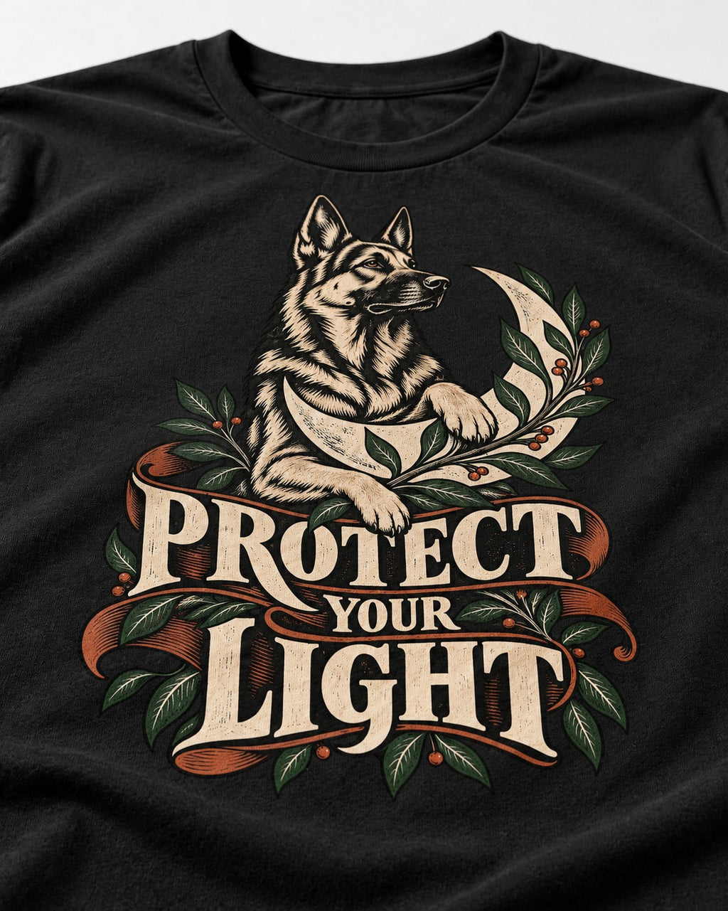 Protect Your Light Moon Botanical German Shepherd Dog Graphic T-Shirt in Black, close-up of the graphic