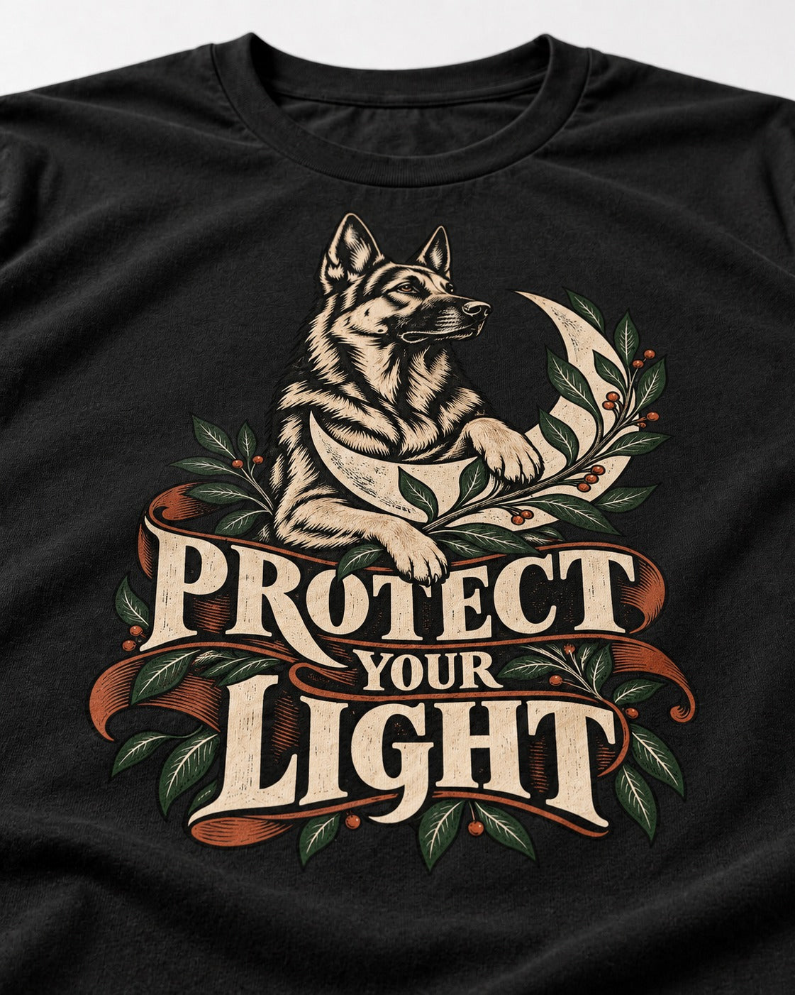 Protect Your Light Moon Botanical German Shepherd Dog Graphic T-Shirt in Black, close-up of the graphic