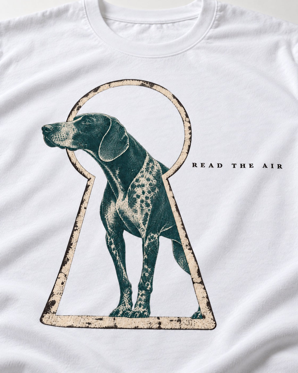 Read the Air German Shorthaired Pointer T-Shirt in White, close-up of the graphic