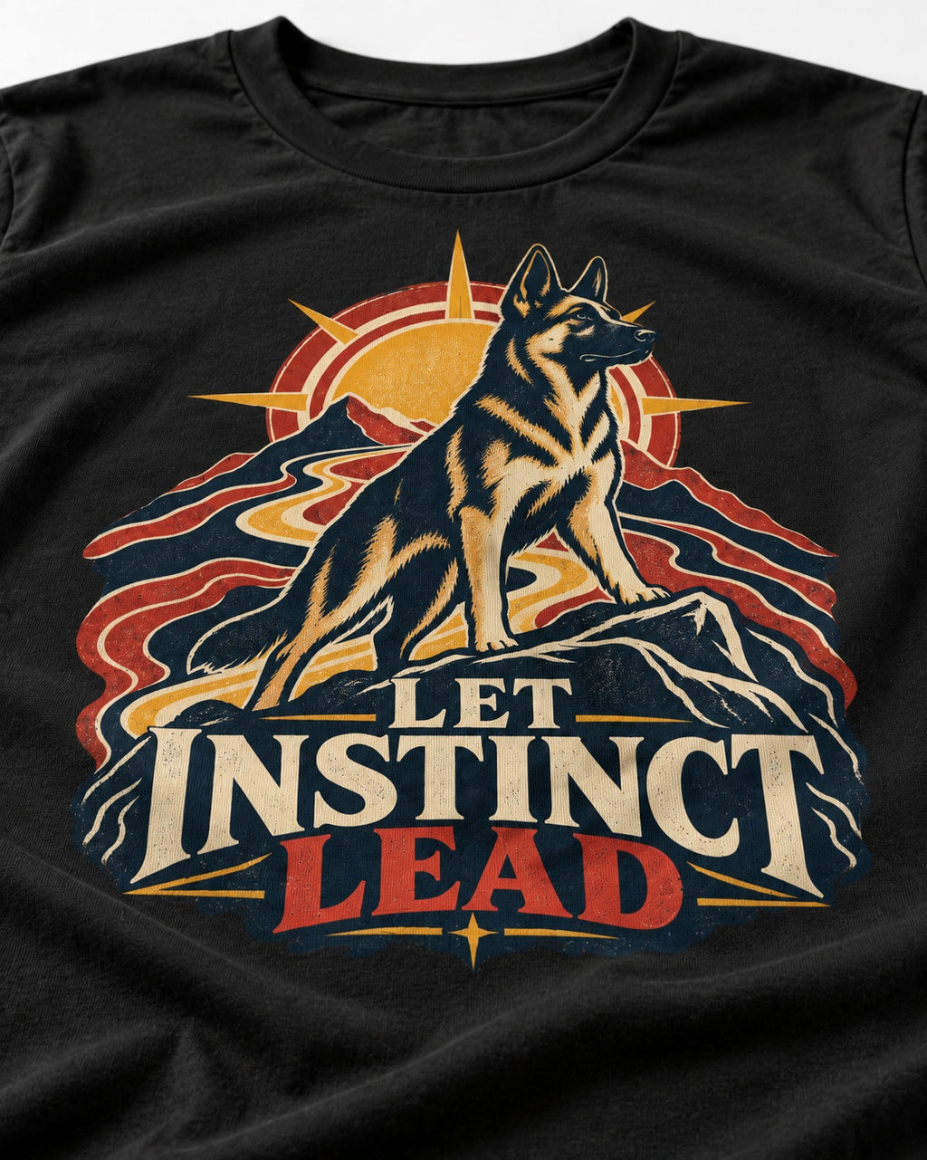 Let Instinct Lead Sunrise German Shepherd Dog Graphic T-Shirt in Black, close-up of the graphic