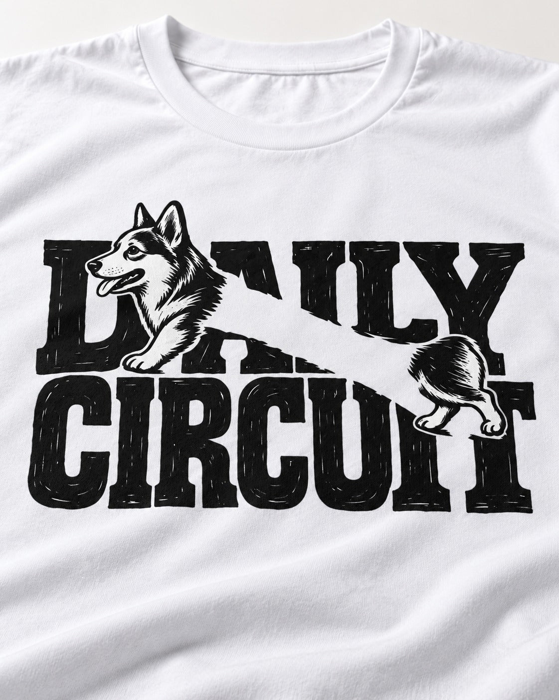 Daily Corgi Circuit T-Shirt in White, close-up of the graphic