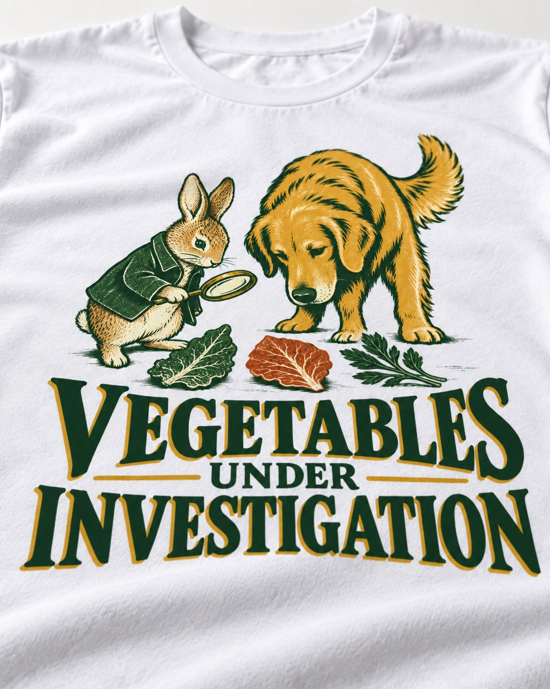 Golden Retriever Vegetables Under Investigation Rabbit Detective Graphic T-Shirt in White, close-up of the graphic
