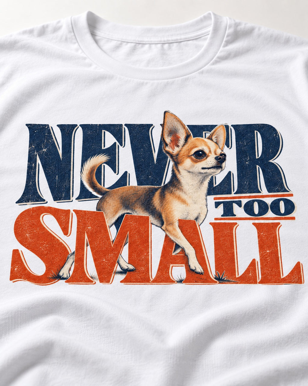 Chihuahua Never Too Small T-Shirt in White, close-up of the graphic