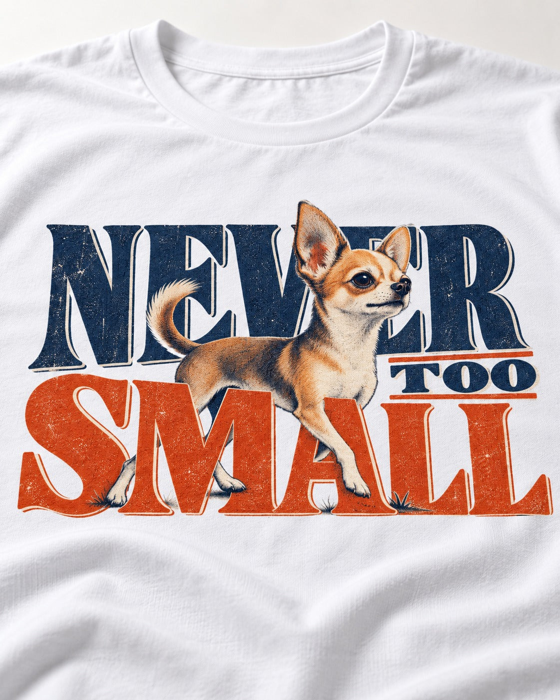 Chihuahua Never Too Small T-Shirt in White, close-up of the graphic