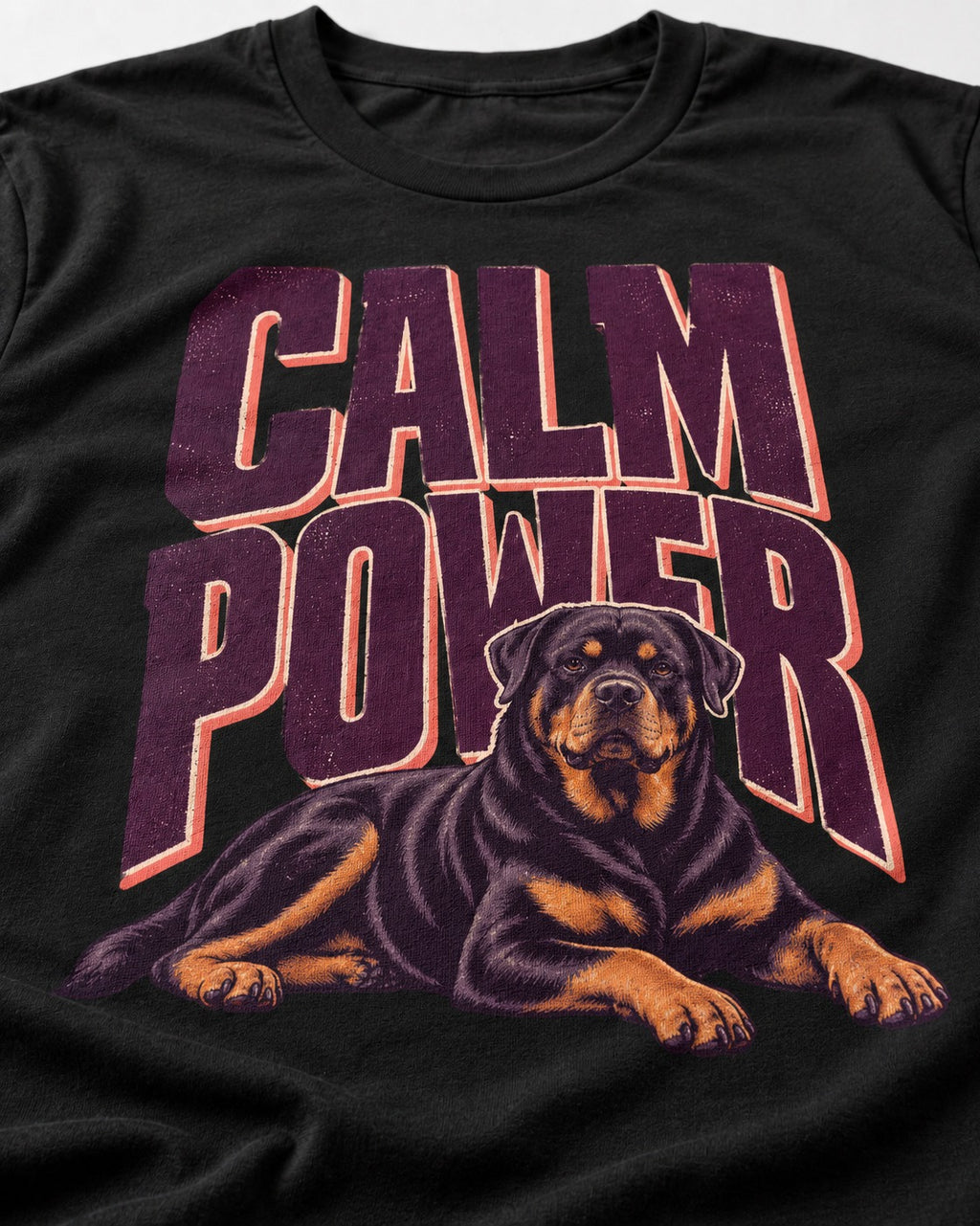 Rottweiler Calm Power Resting Dog Graphic T-Shirt in Black, close-up of the graphic