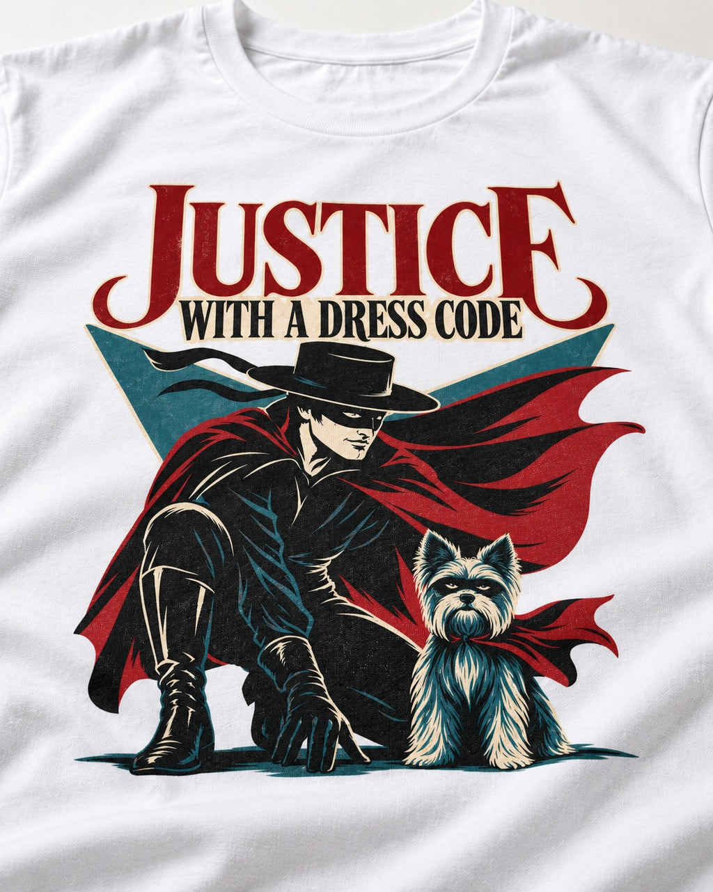 Yorkshire Terrier Dress Code Justice T-Shirt in White, close-up of the graphic