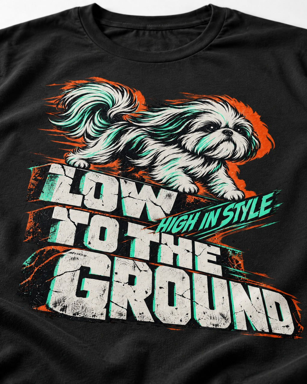 Shih Tzu Low to the Ground High in Style Streetwear Graphic T-Shirt in Black, close-up of the graphic