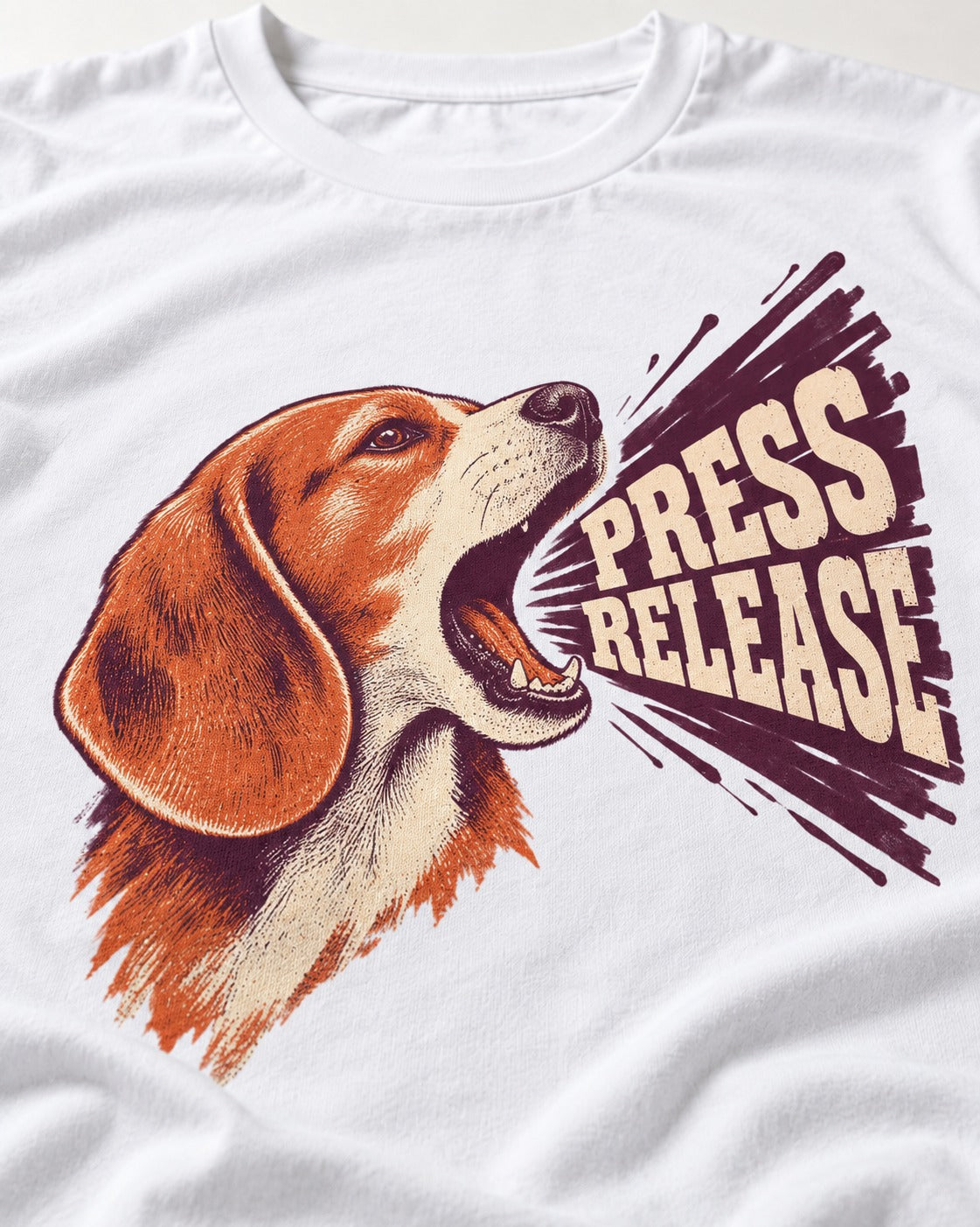 Beagle Press Release T-Shirt in White, close-up of the graphic