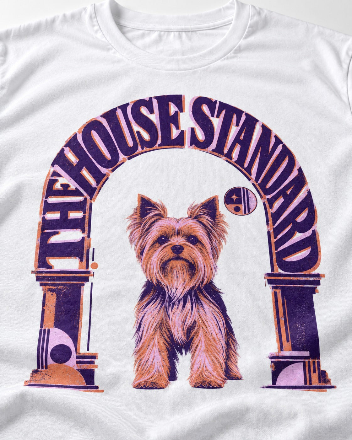 The Yorkshire Terrier House Standard T-Shirt in White, close-up of the graphic