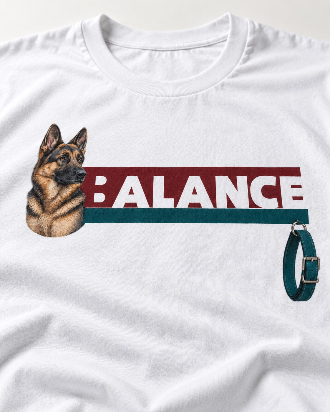 German Shepherd Dog Balance T-Shirt in White, close-up of the graphic