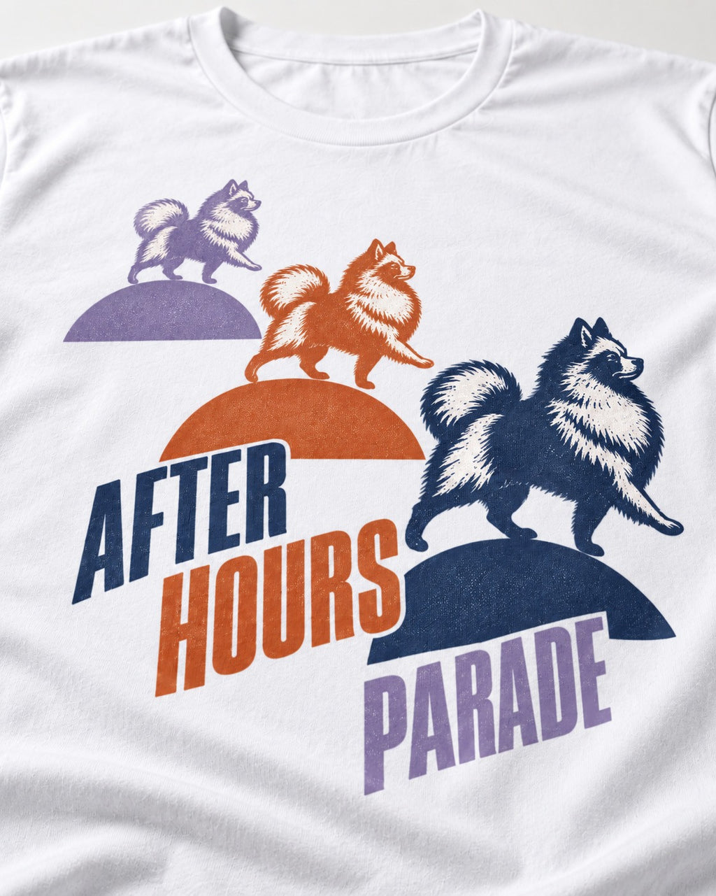 Pomeranian After Hours Parade T-Shirt in White, close-up of the graphic