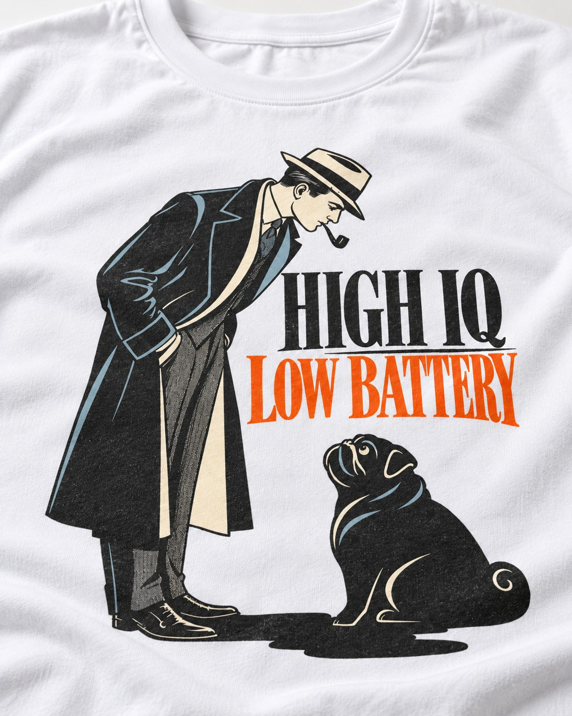 High Iq Low Battery Pug T-Shirt in White, close-up of the graphic