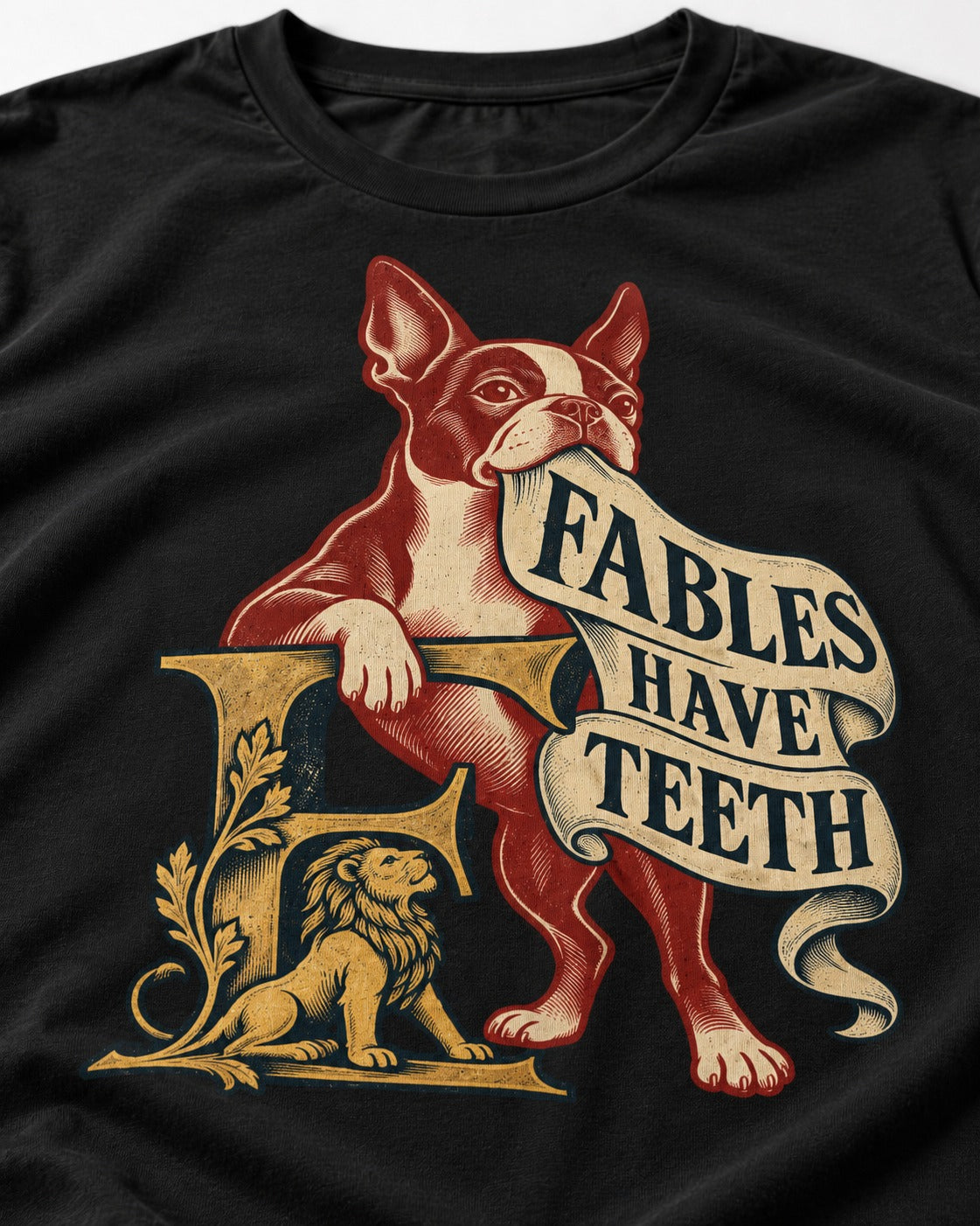 Boston Terrier Fables Have Teeth T-Shirt in Black, close-up of the graphic