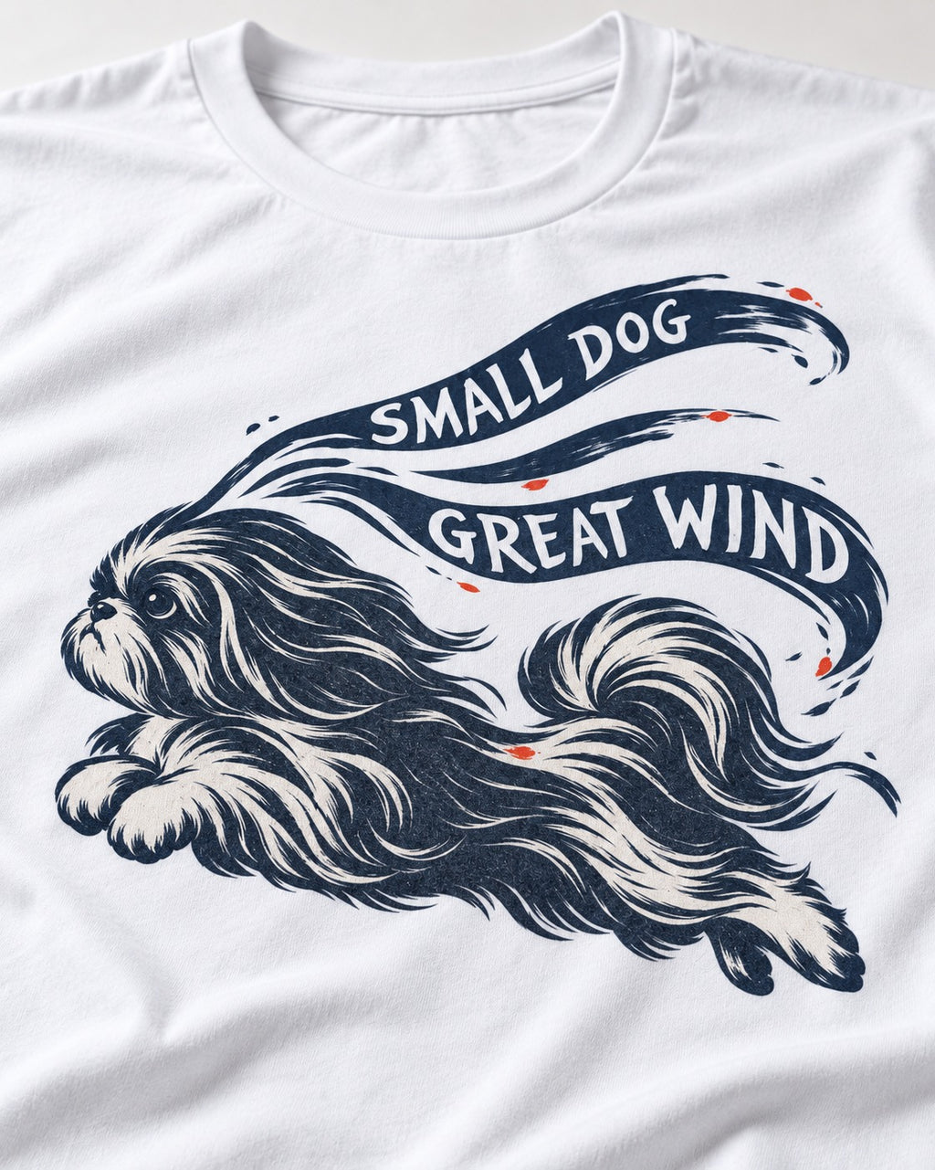 Small Shih Tzu Great Wind T-Shirt in White, close-up of the graphic