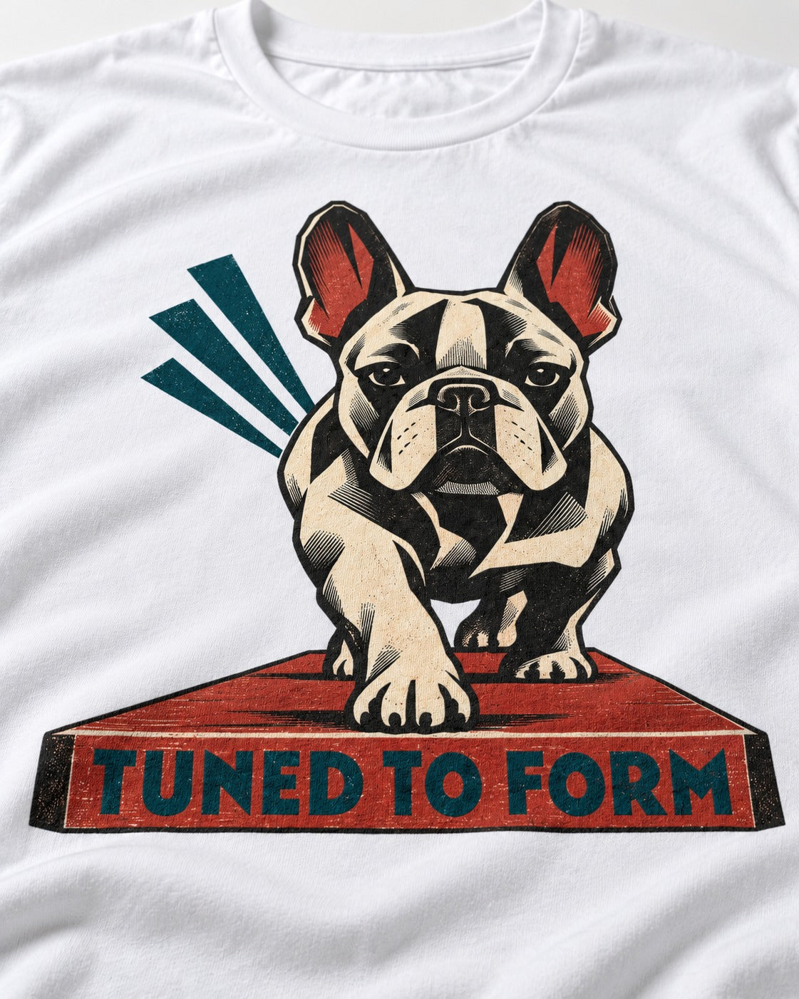 Frenchie Tuned to Form T-Shirt in White, close-up of the graphic