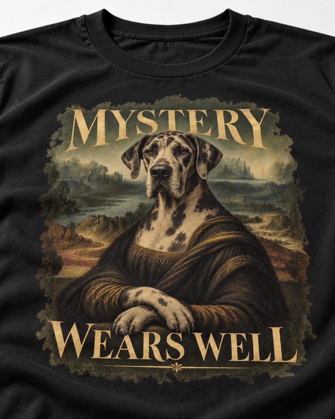 Great Dane Mystery Wears Well Renaissance Portrait Graphic T-Shirt in Black, close-up of the graphic
