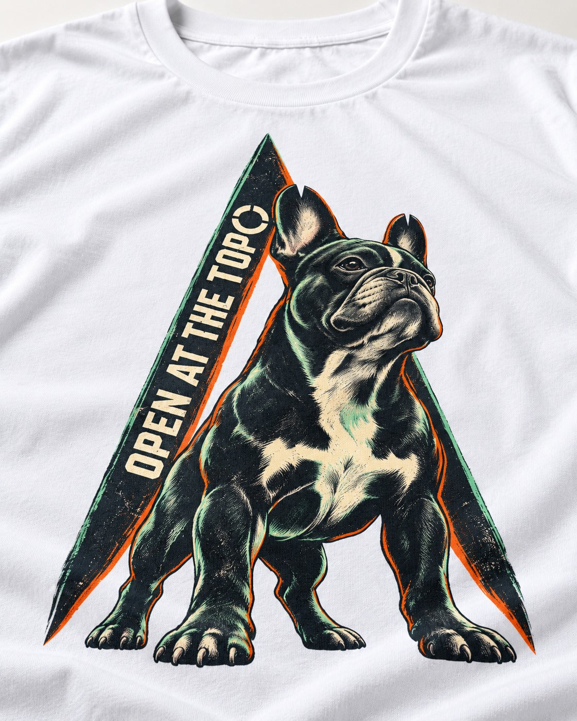 Frenchie Open at the Top T-Shirt in White, close-up of the graphic