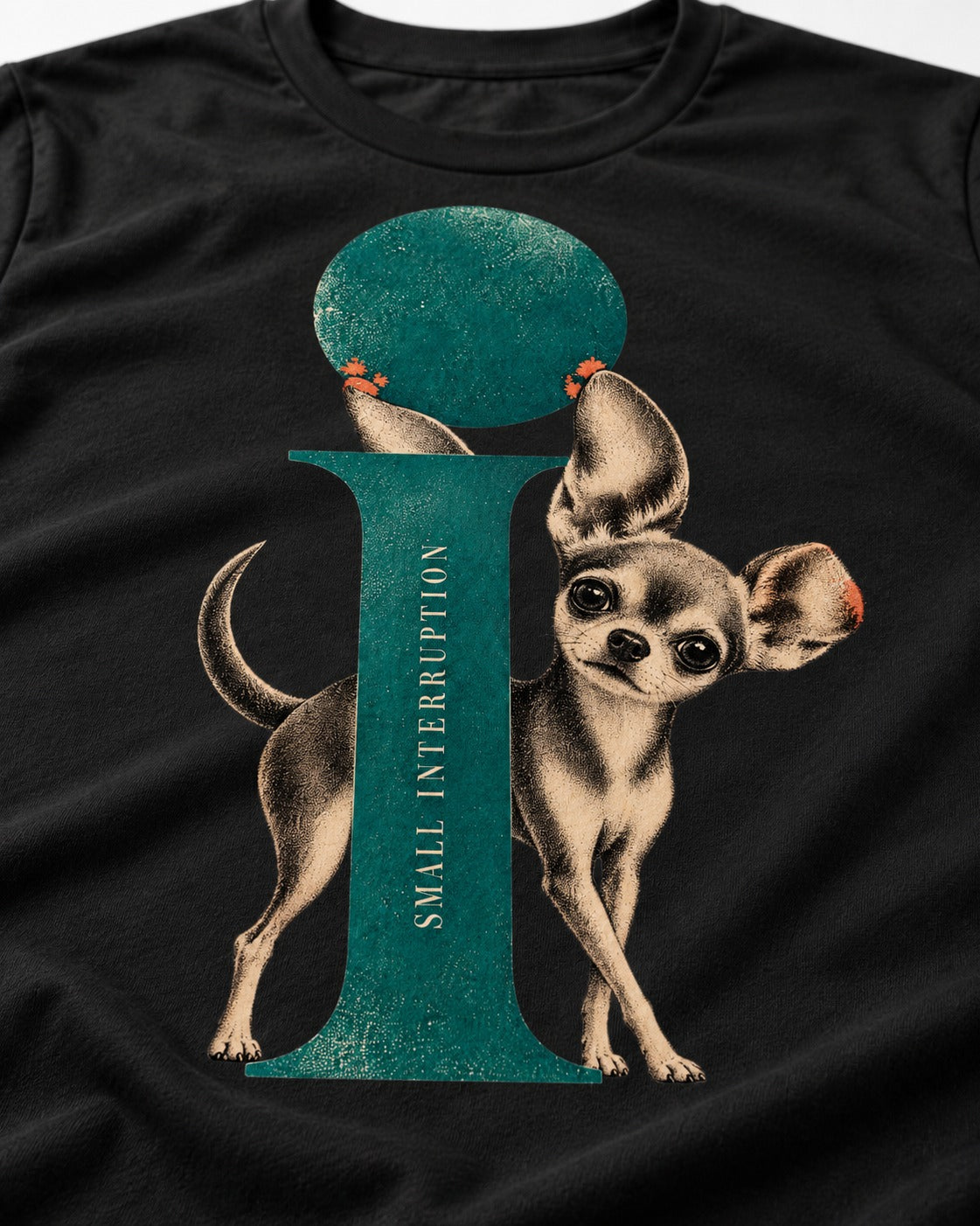 Chihuahua Small Interruption Geometric Portrait T-Shirt in Black, close-up of the graphic