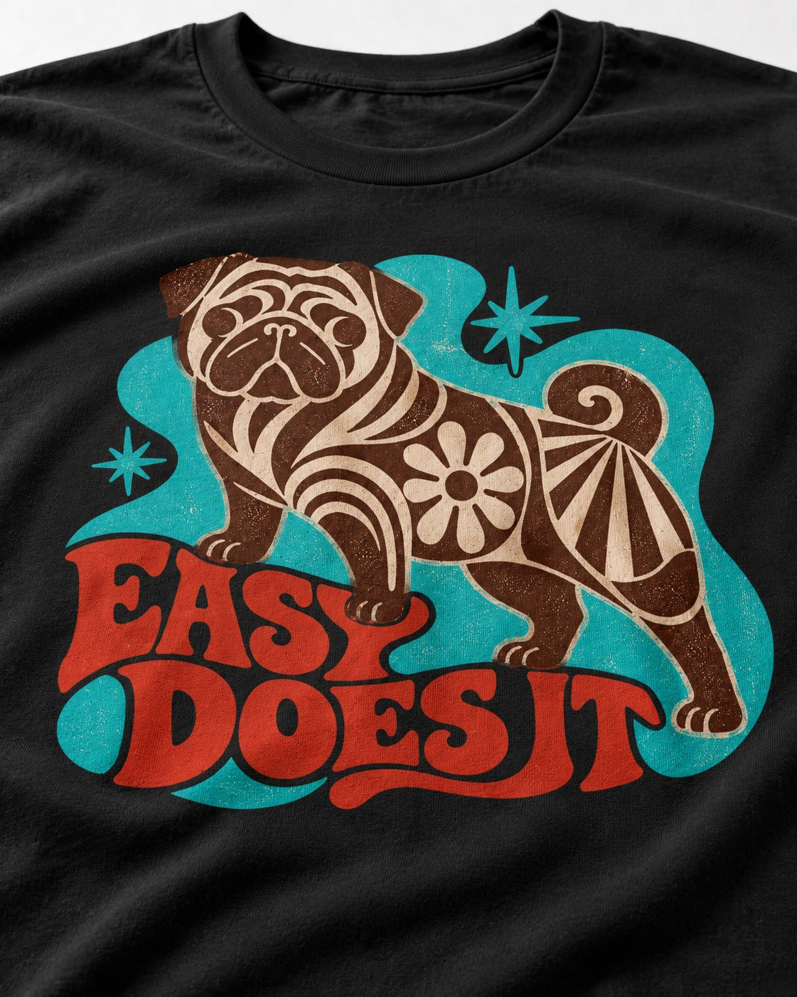 Pug Easy Does It Retro Floral Graphic T-Shirt in Black, close-up of the graphic