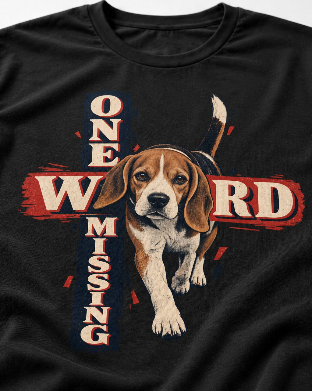 Beagle One Word Missing T-Shirt in Black, close-up of the graphic
