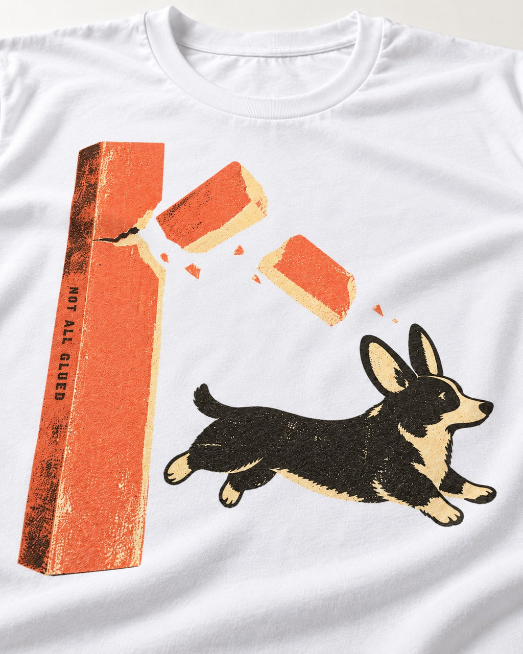 Not All Glued Corgi T-Shirt in White, close-up of the graphic