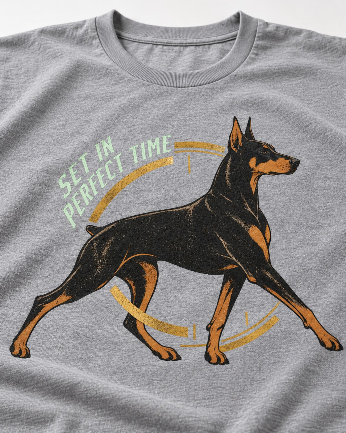 Doberman Set in Perfect Time Clock Stride Graphic T-Shirt in Sport Grey, close-up of the graphic
