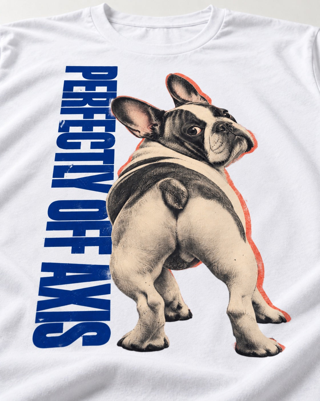 Perfectly Off Axis Frenchie T-Shirt in White, close-up of the graphic