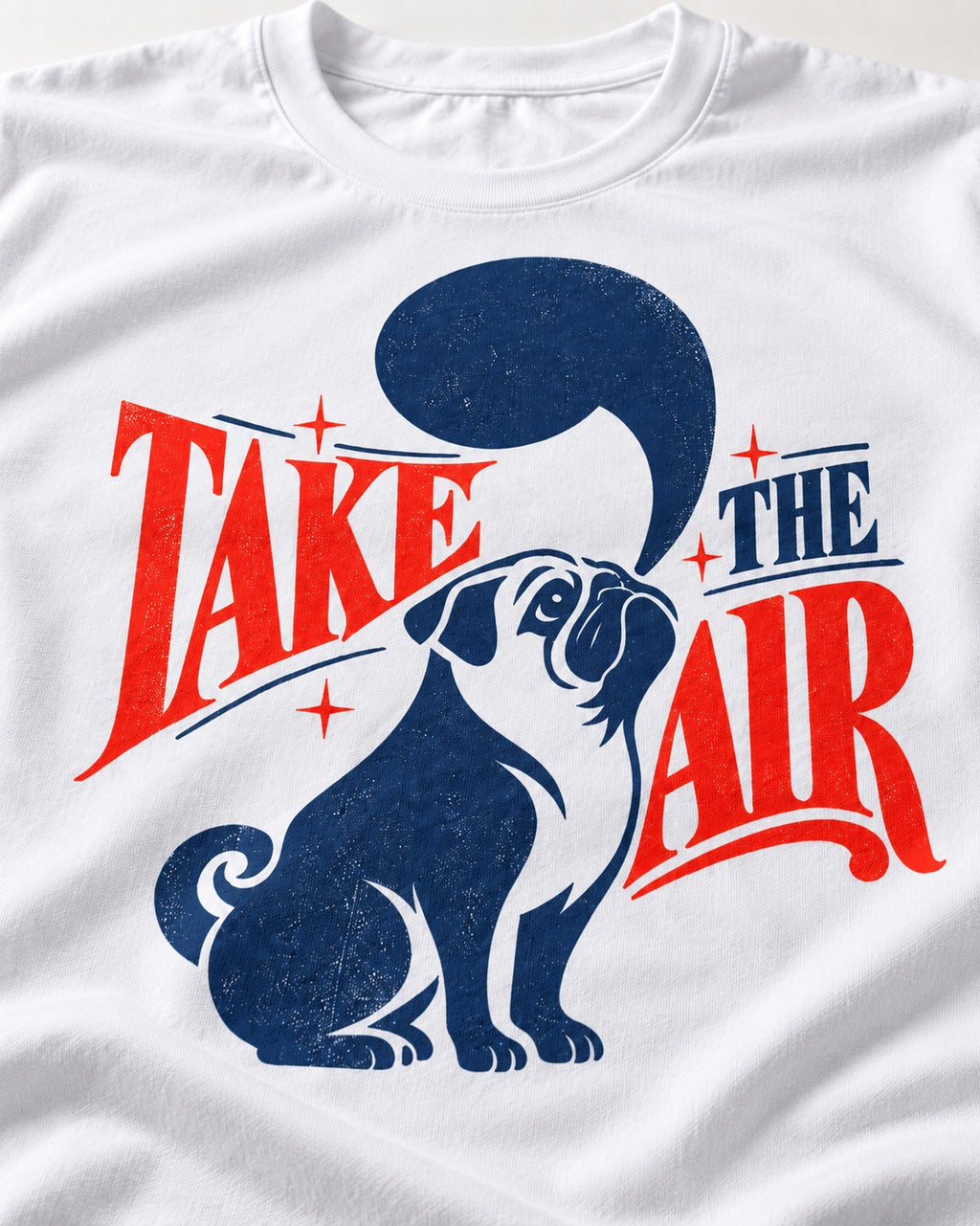 Pug Take the Air T-Shirt in White, close-up of the graphic