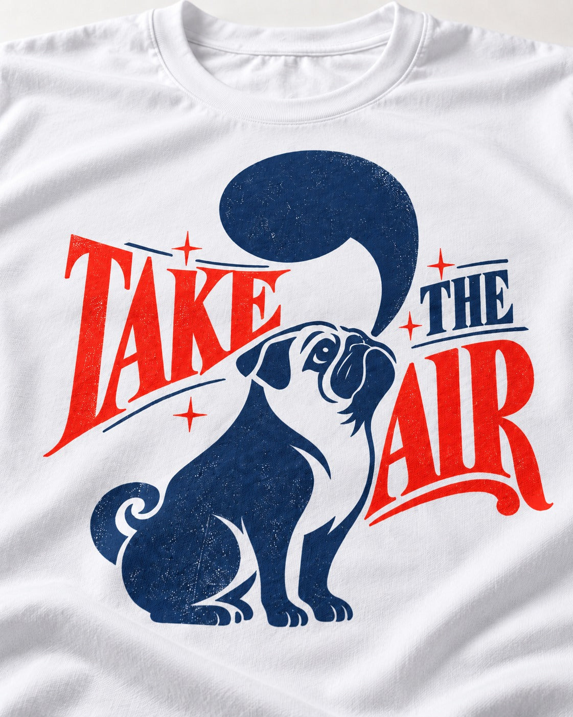 Pug Take the Air T-Shirt in White, close-up of the graphic