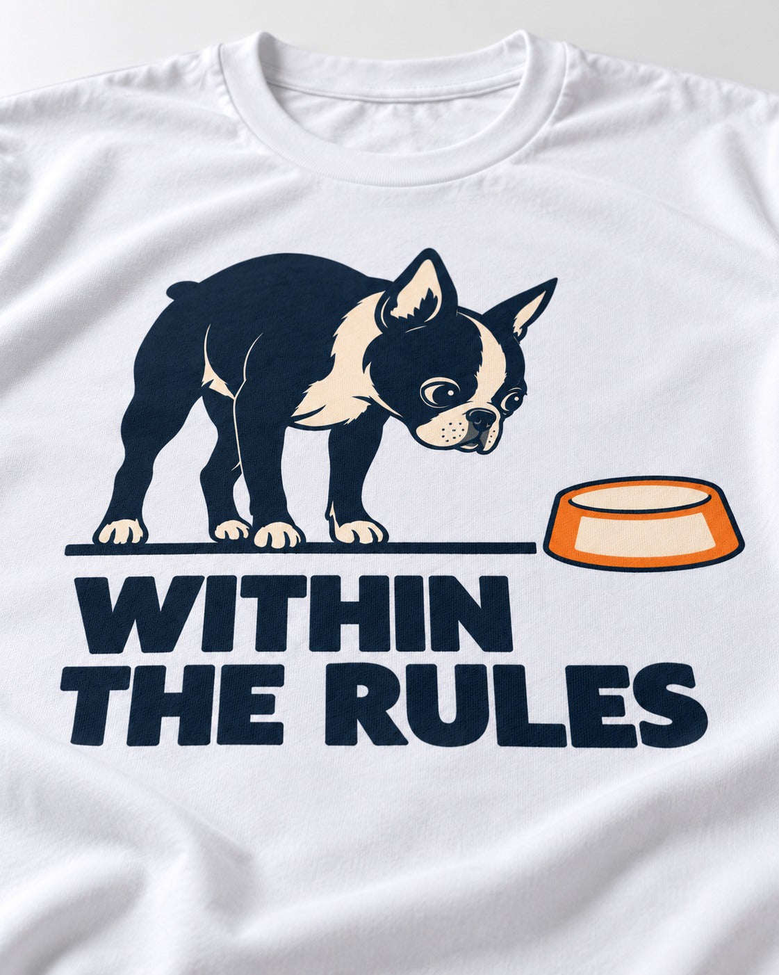 Within the Rules Boston Terrier T-Shirt in White, close-up of the graphic