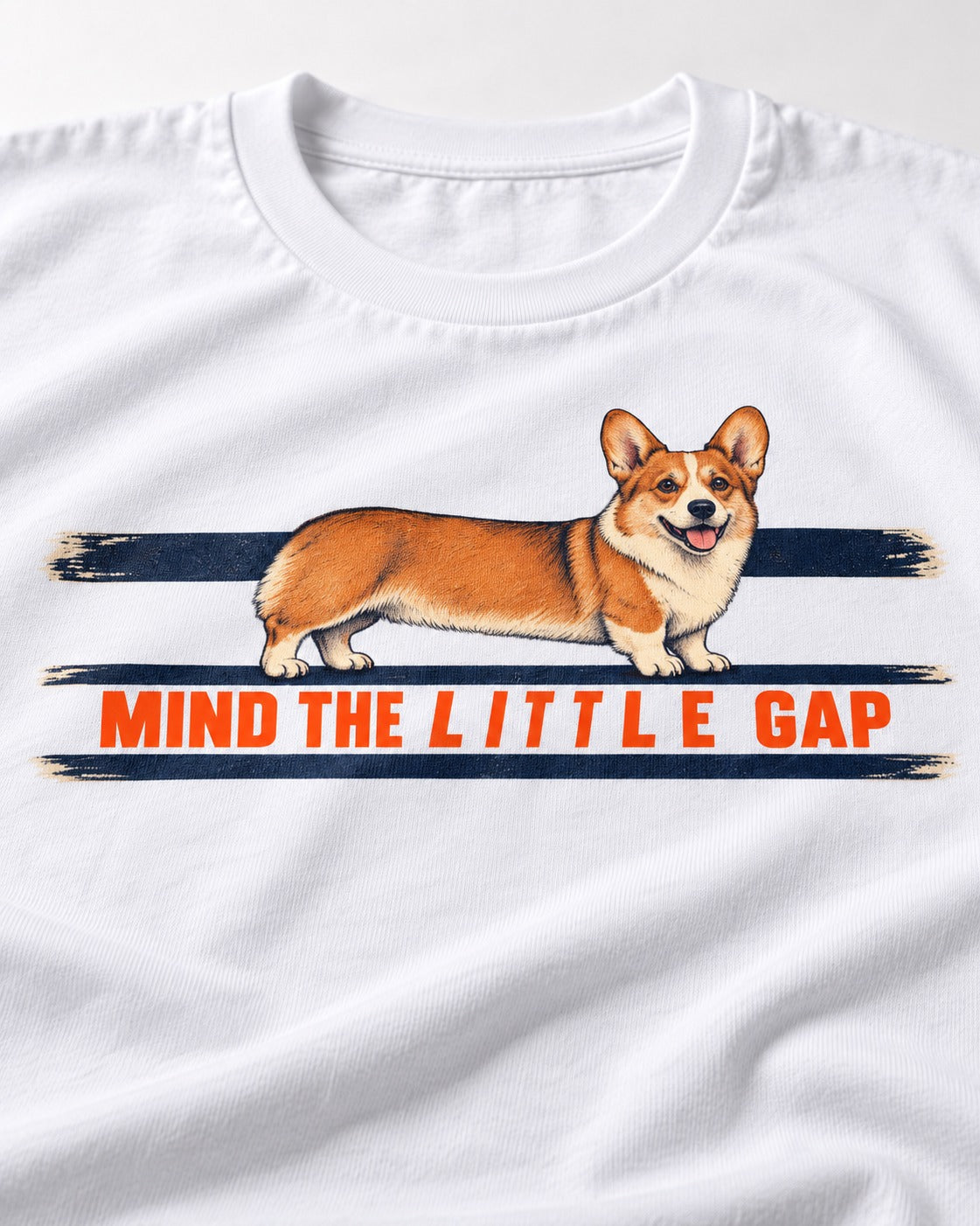 Mind the Little Corgi Gap T-Shirt in White, close-up of the graphic