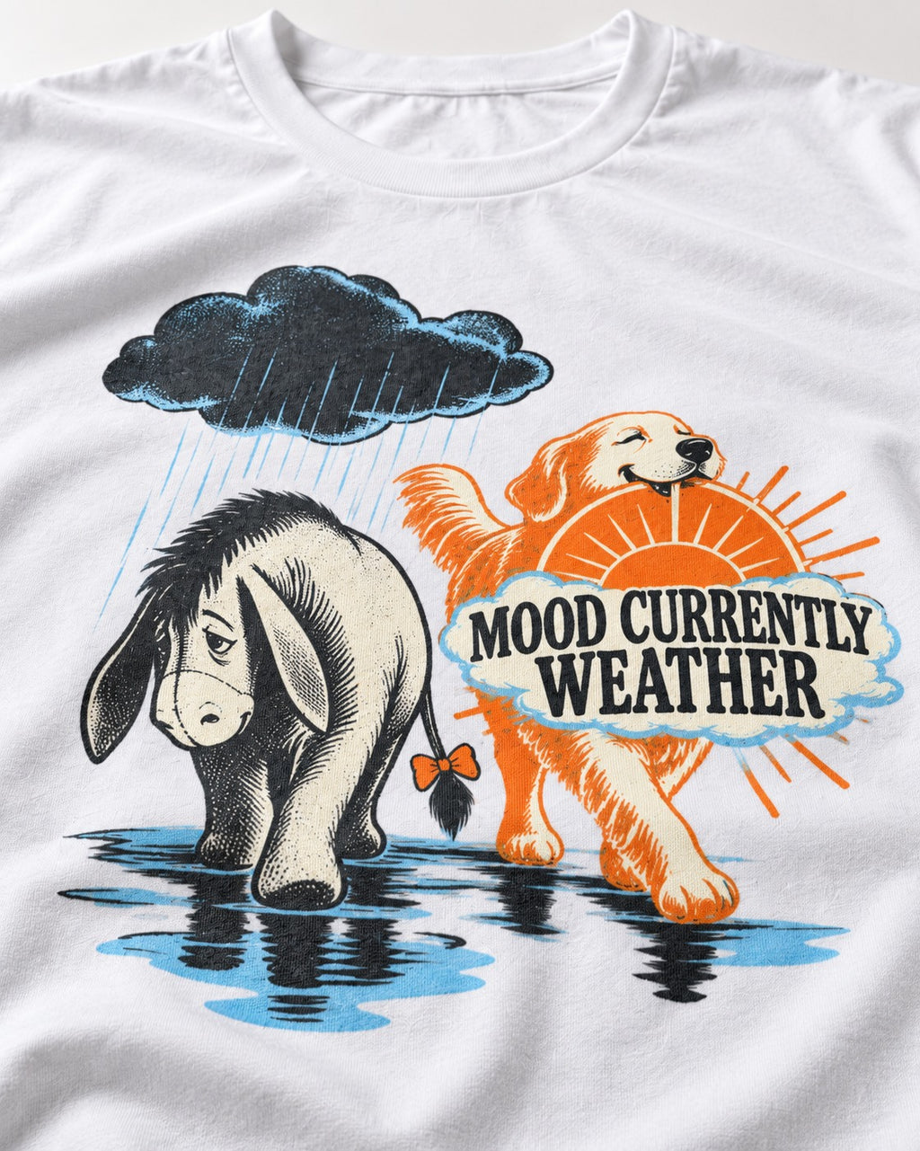 Mood Currently Golden Retriever Weather T-Shirt in White, close-up of the graphic