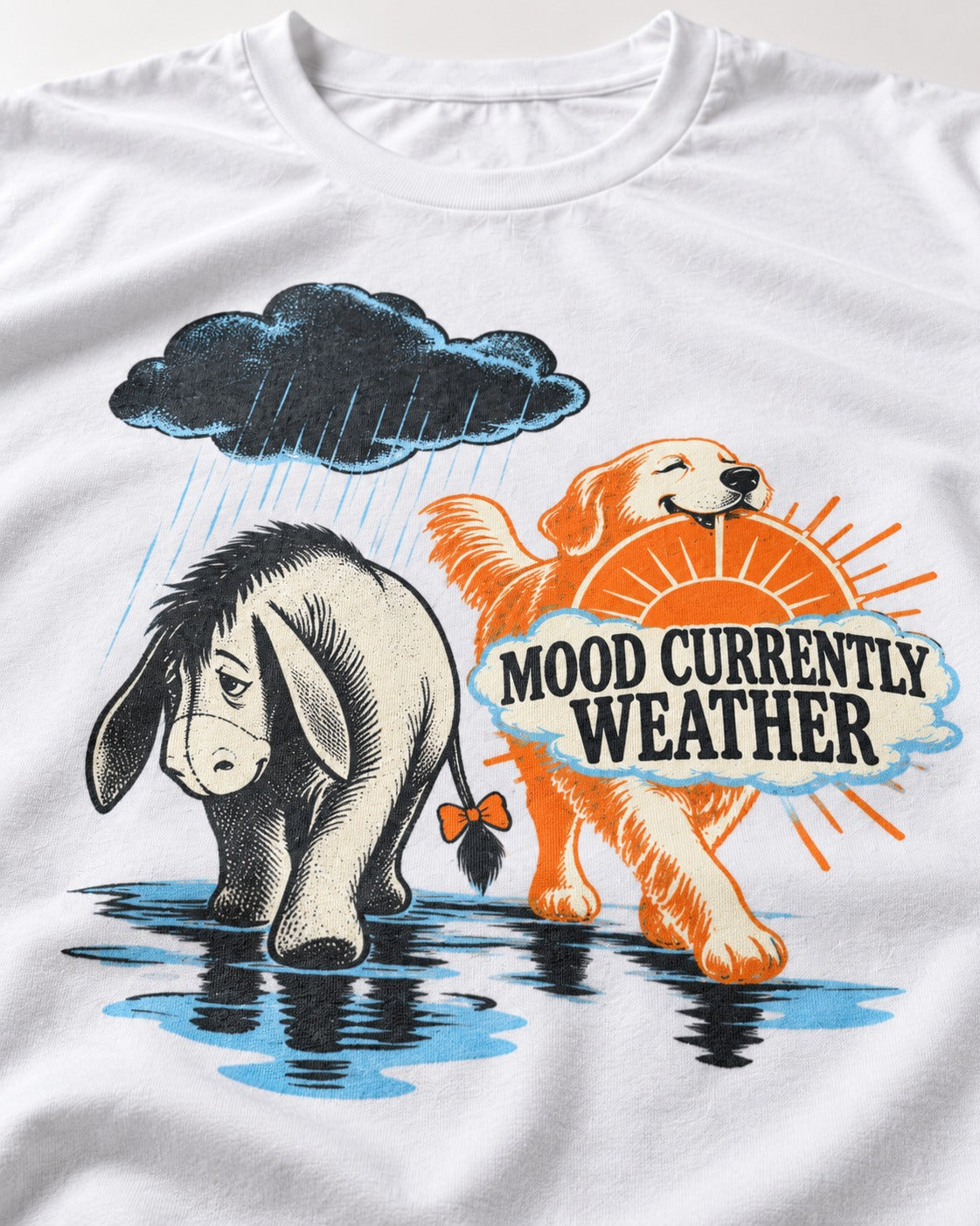 Mood Currently Golden Retriever Weather T-Shirt in White, close-up of the graphic