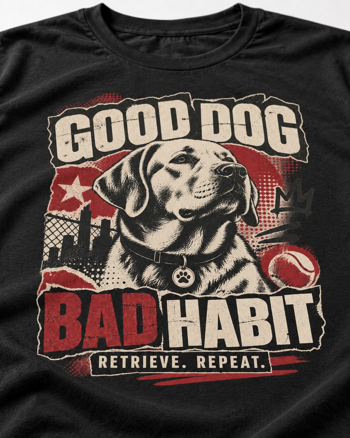 Labrador Retriever Good Dog Bad Habit Poster Graphic T-Shirt in Black, close-up of the graphic