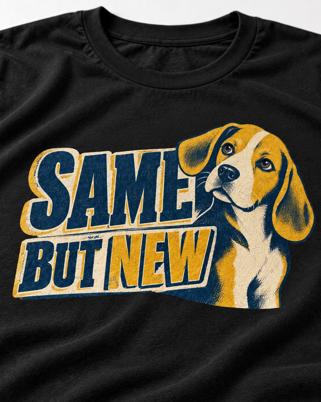 Same Beagle But New T-Shirt in Black, close-up of the graphic