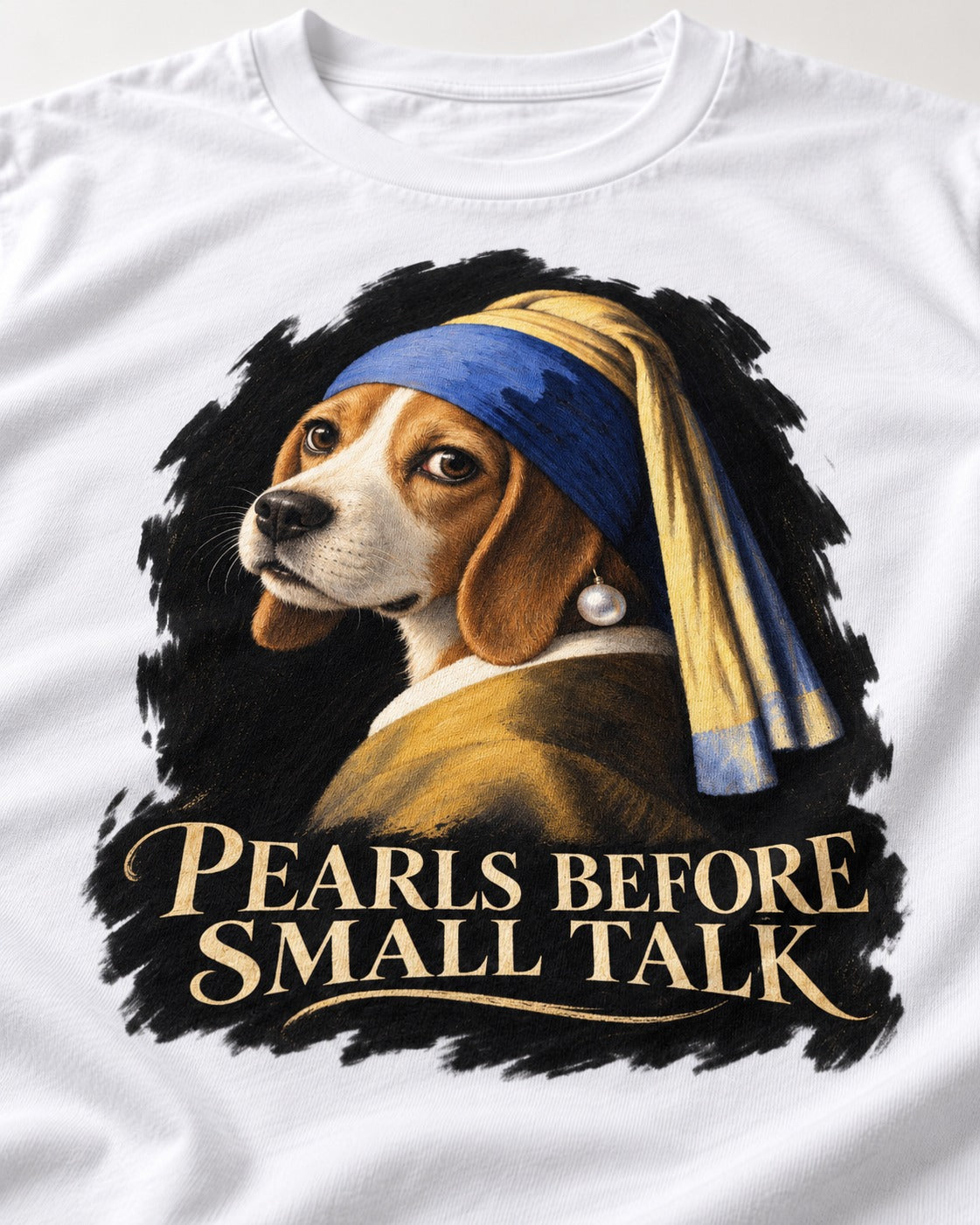 Beagle Paris Before Small Talk T-Shirt in White, close-up of the graphic