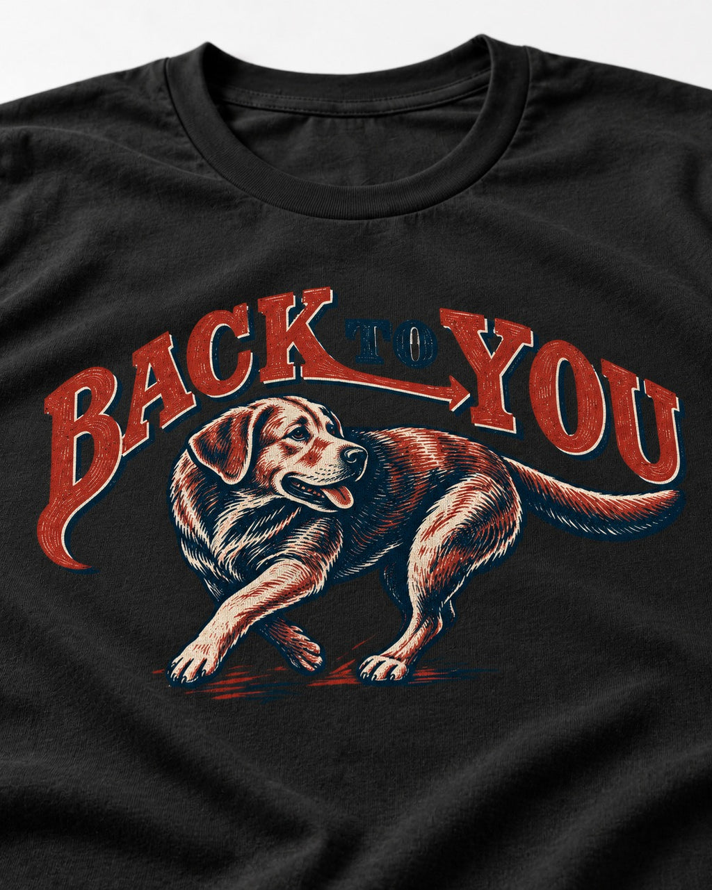 Labrador Retriever Back to You Turning Graphic T-Shirt in Black, close-up of the graphic