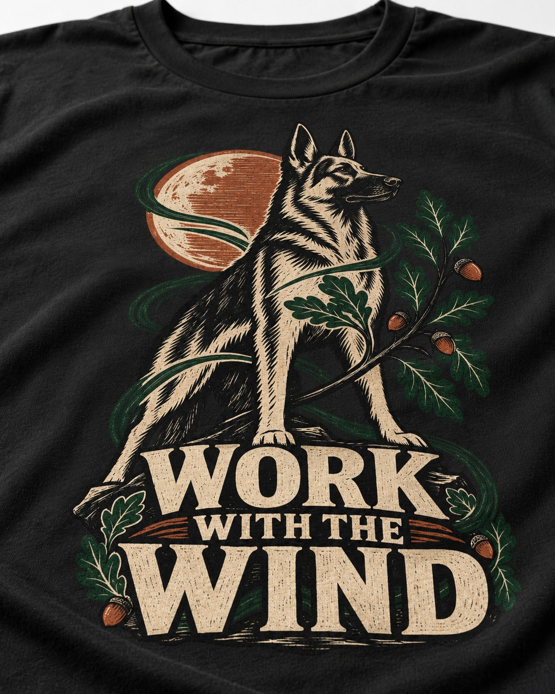 Work With The Wind Botanical Woodcut German Shepherd Dog Graphic T-Shirt in Black, close-up of the graphic