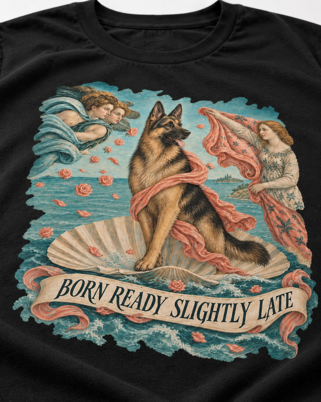 German Shepherd Dog Born Ready Slightly Late Venus Graphic T-Shirt in Black, close-up of the graphic