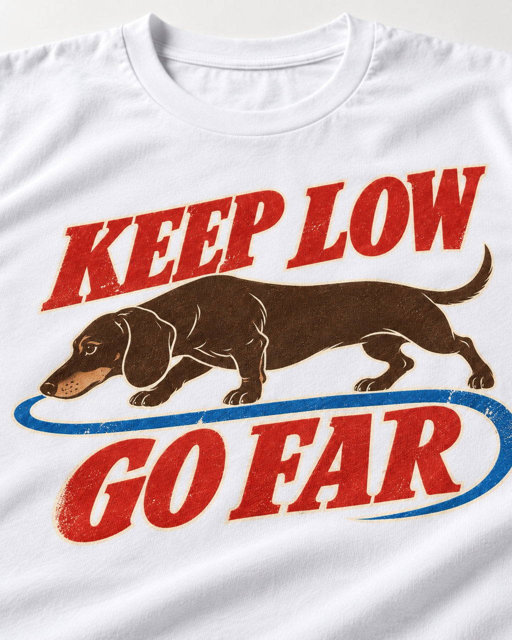 Dachshund Keep Low Go Far T-Shirt in White, close-up of the graphic