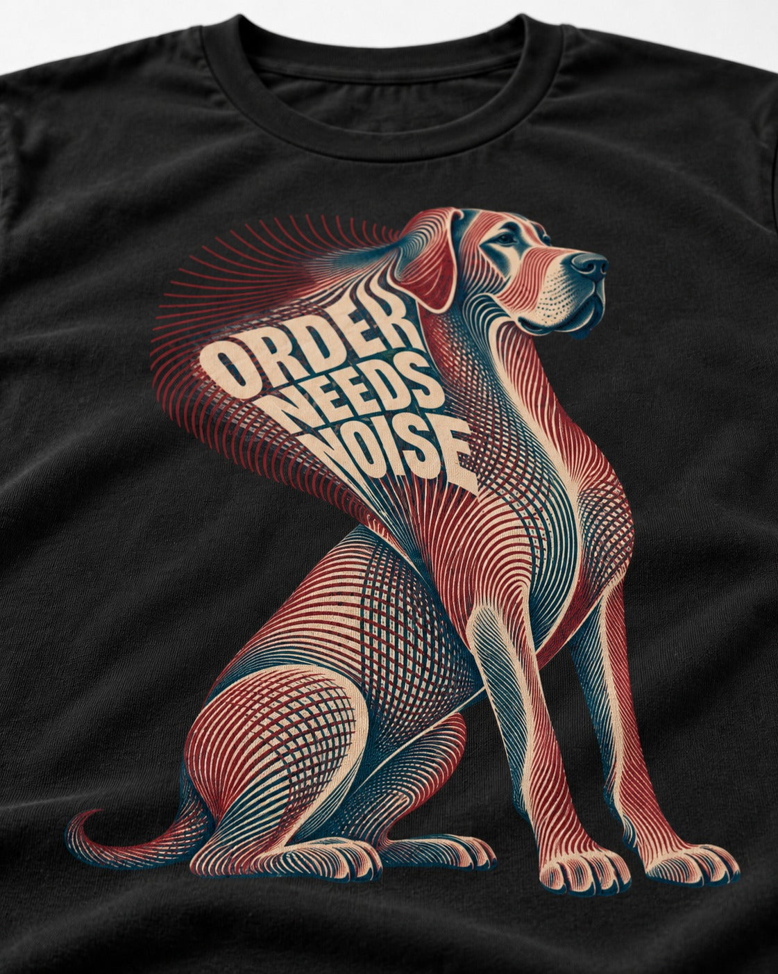 Great Dane Order Needs Noise Optical Line Graphic T-Shirt in Black, close-up of the graphic